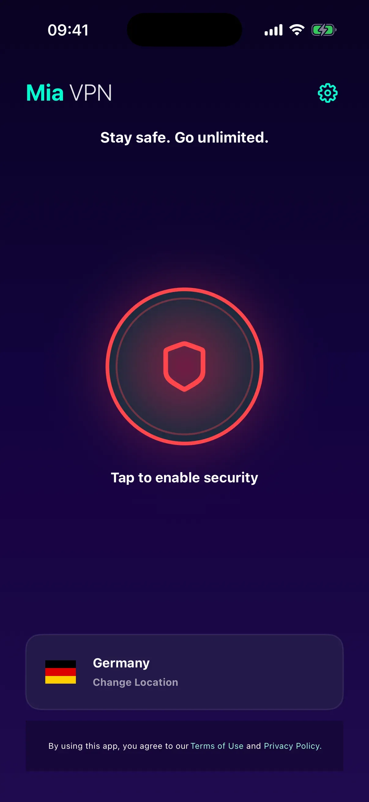 Mia VPN iPhone Home screen with the VPN disconnected and Germany selected