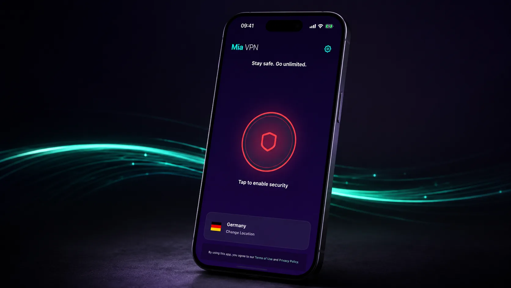 Mia VPN Home screen shown on an iPhone