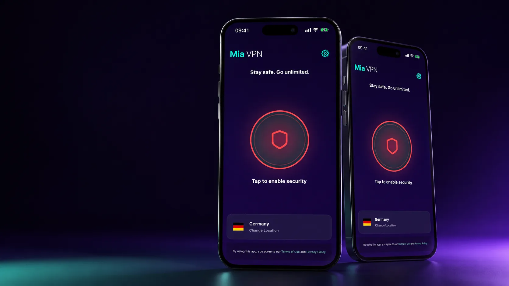 Mia VPN Home screen shown on two iPhones